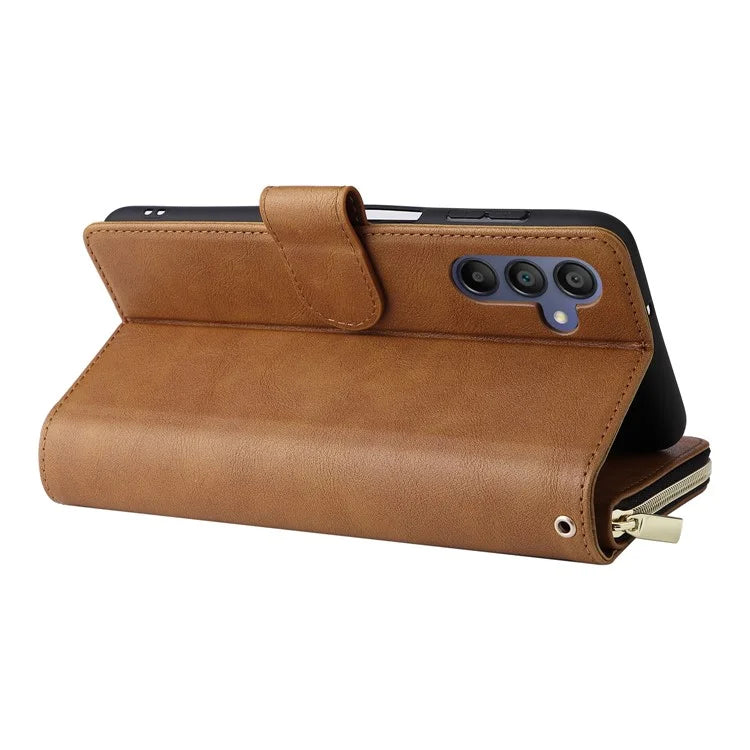 For Samsung Galaxy A16 5G Case Zipper Pocket PU Leather Phone Cover with Hand Strap