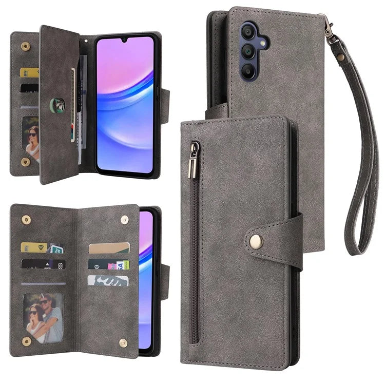 For Samsung Galaxy A16 5G Case Zipper Wallet Leather Stand Phone Cover Rivet Decor