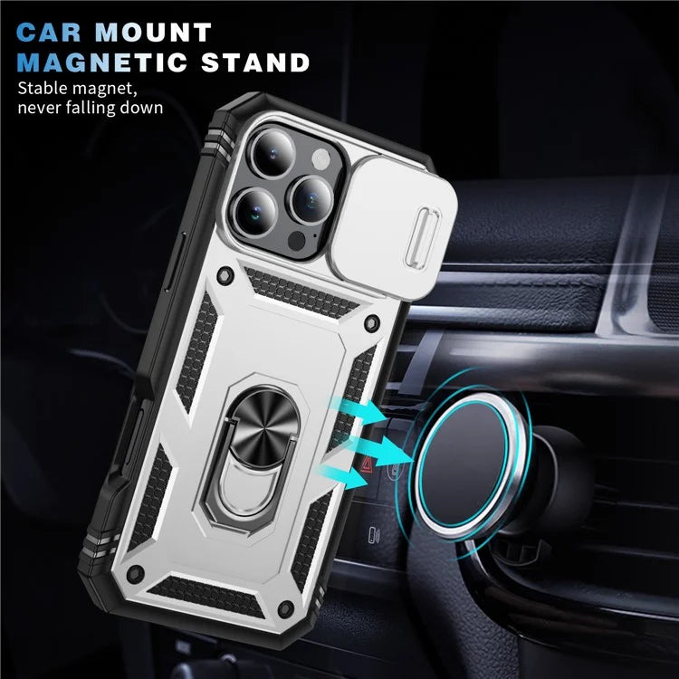 For iPhone 16 Pro Max Case Sliding Camera Cover Ring Kickstand PC+TPU Phone Shell