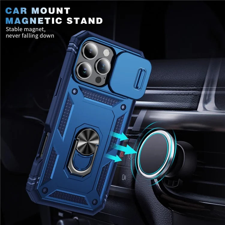 For iPhone 16 Pro Max Case Sliding Camera Cover Ring Kickstand PC+TPU Phone Shell