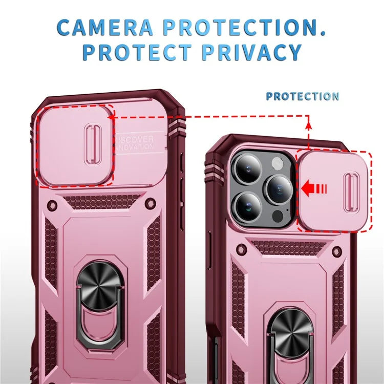 For iPhone 16 Pro Max Case Sliding Camera Cover Ring Kickstand PC+TPU Phone Shell