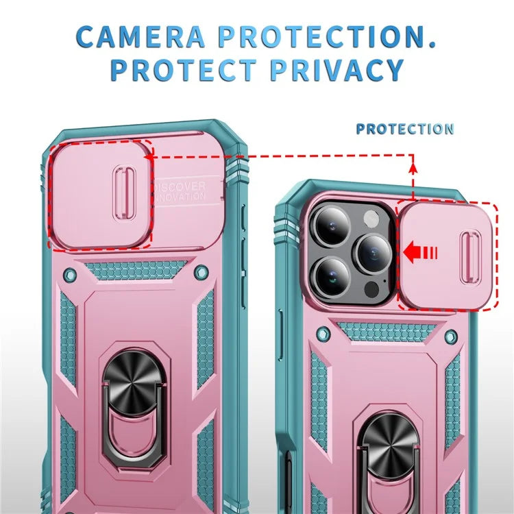 For iPhone 16 Pro Max Case Sliding Camera Cover Ring Kickstand PC+TPU Phone Shell