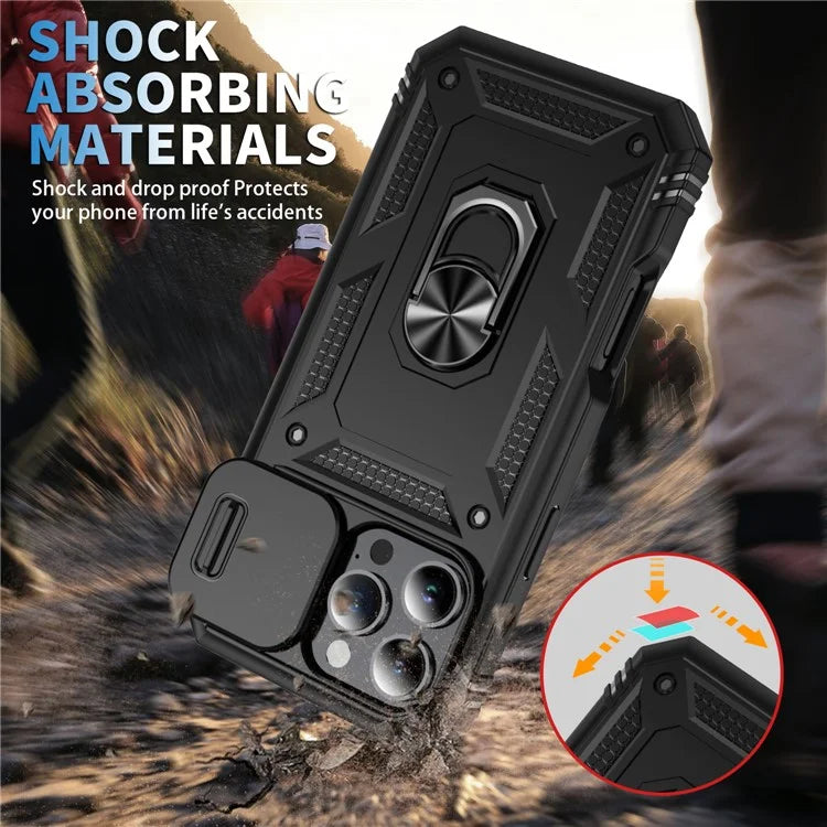 For iPhone 16 Pro Max Case Sliding Camera Cover Ring Kickstand PC+TPU Phone Shell