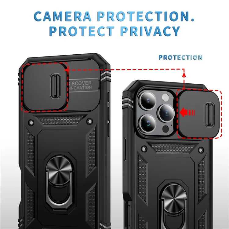 For iPhone 16 Pro Max Case Sliding Camera Cover Ring Kickstand PC+TPU Phone Shell