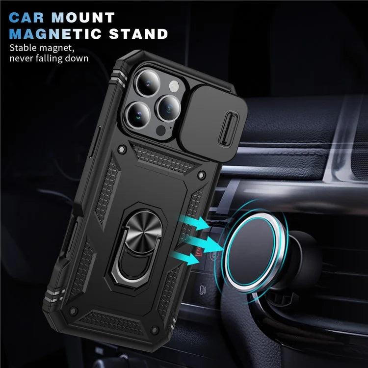 For iPhone 16 Pro Max Case Sliding Camera Cover Ring Kickstand PC+TPU Phone Shell