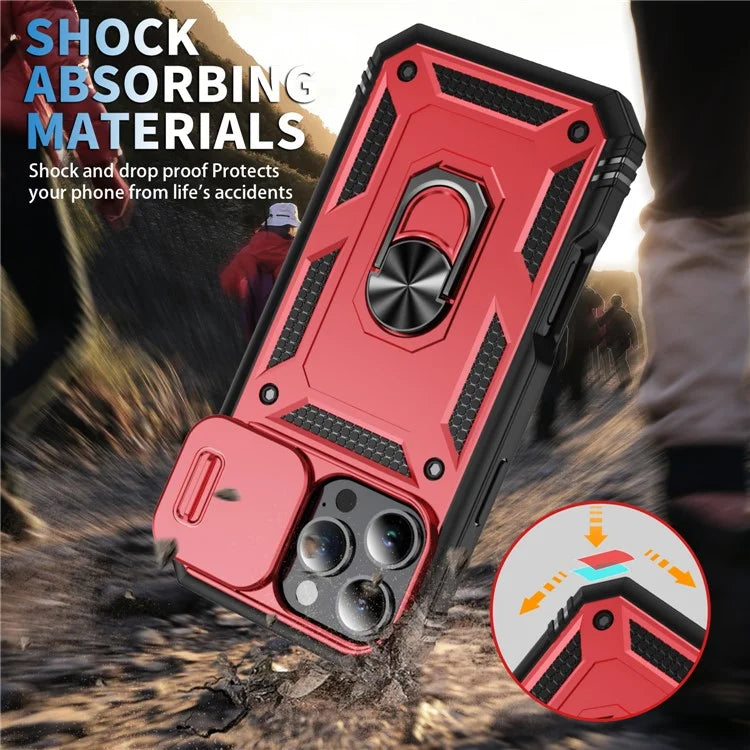 For iPhone 16 Pro Max Case Sliding Camera Cover Ring Kickstand PC+TPU Phone Shell