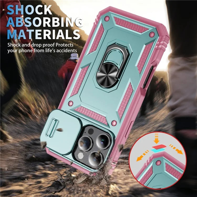 For iPhone 16 Pro Max Case Sliding Camera Cover Ring Kickstand PC+TPU Phone Shell
