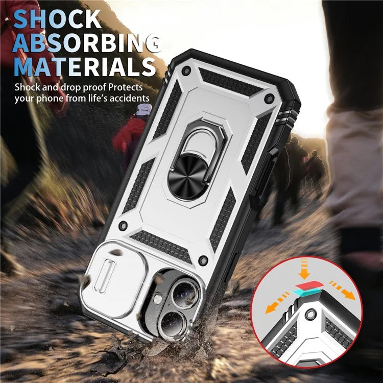 For iPhone 16 Case Sliding Camera Cover Ring Kickstand PC+TPU Phone Shell