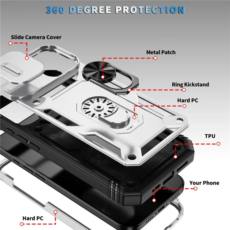 For iPhone 16 Case Sliding Camera Cover Ring Kickstand PC+TPU Phone Shell