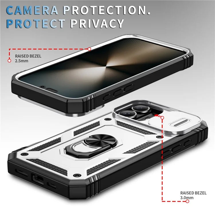 For iPhone 16 Case Sliding Camera Cover Ring Kickstand PC+TPU Phone Shell