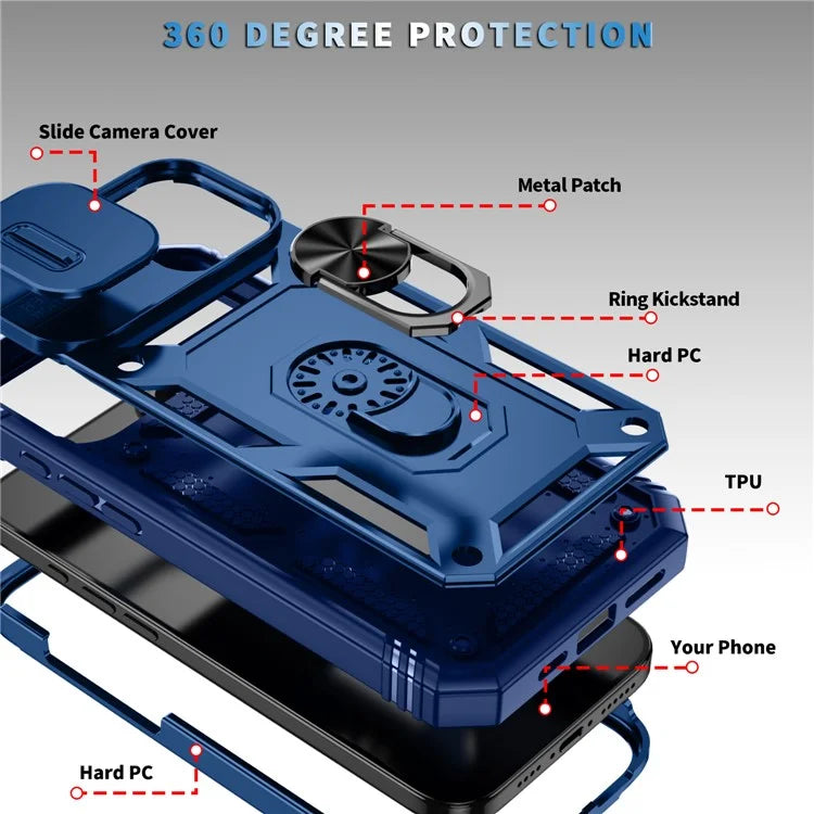 For iPhone 16 Case Sliding Camera Cover Ring Kickstand PC+TPU Phone Shell