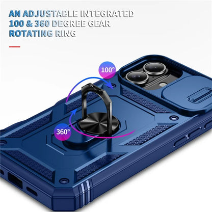 For iPhone 16 Case Sliding Camera Cover Ring Kickstand PC+TPU Phone Shell