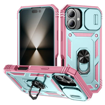 For iPhone 16 Case Sliding Camera Cover Ring Kickstand PC+TPU Phone Shell