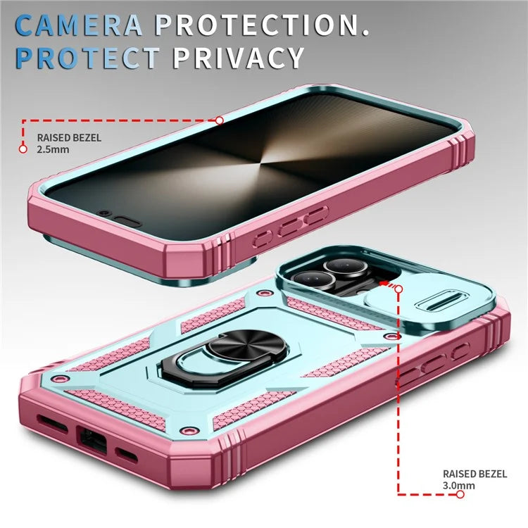 For iPhone 16 Case Sliding Camera Cover Ring Kickstand PC+TPU Phone Shell