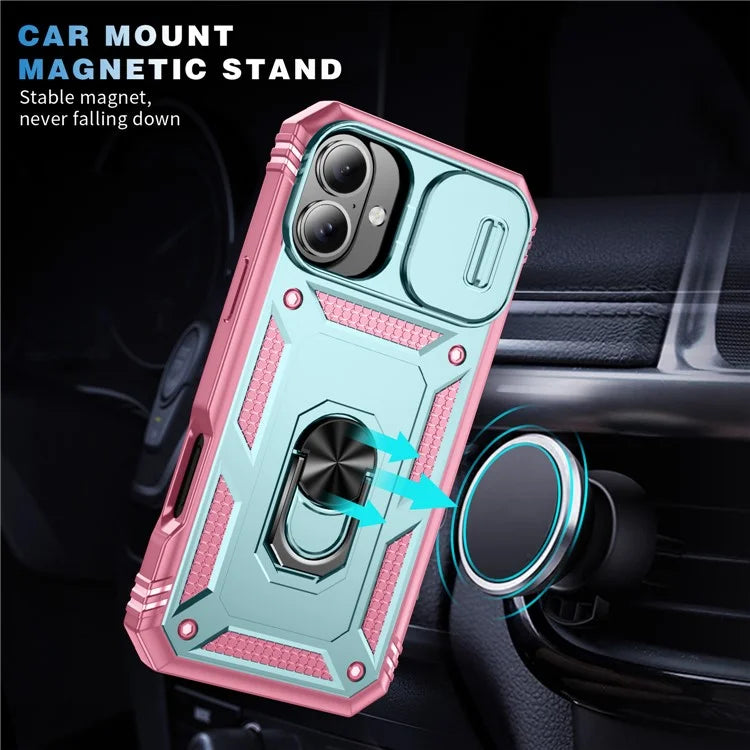 For iPhone 16 Case Sliding Camera Cover Ring Kickstand PC+TPU Phone Shell