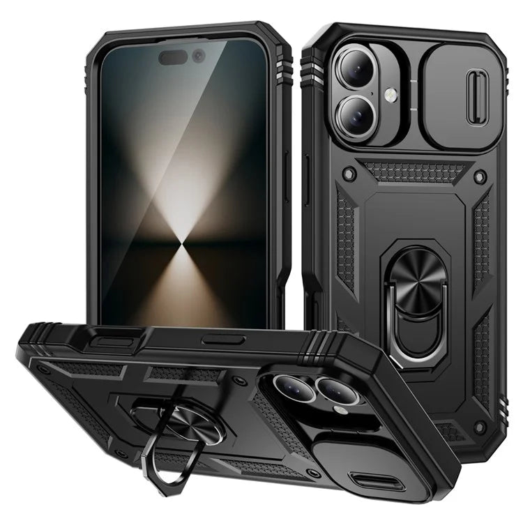For iPhone 16 Case Sliding Camera Cover Ring Kickstand PC+TPU Phone Shell