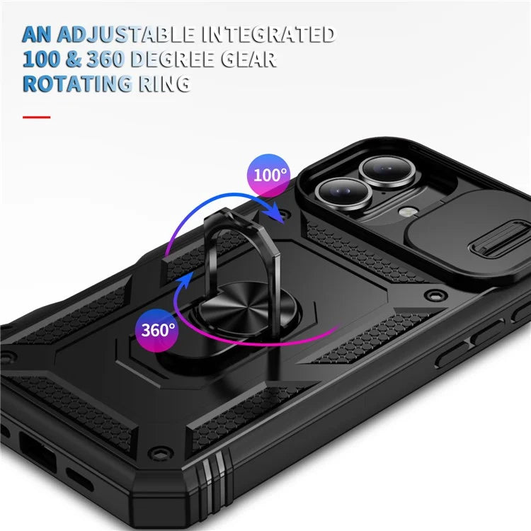For iPhone 16 Case Sliding Camera Cover Ring Kickstand PC+TPU Phone Shell