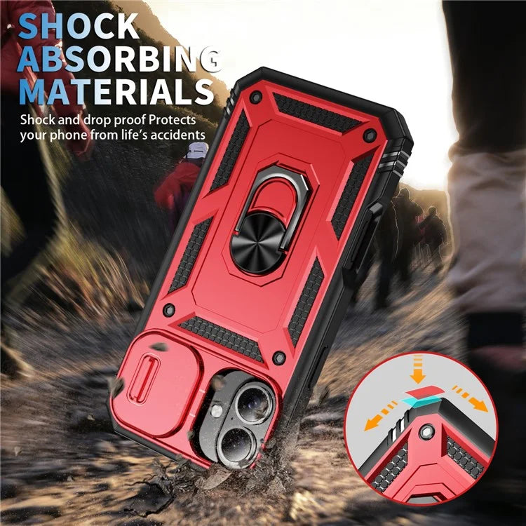 For iPhone 16 Case Sliding Camera Cover Ring Kickstand PC+TPU Phone Shell