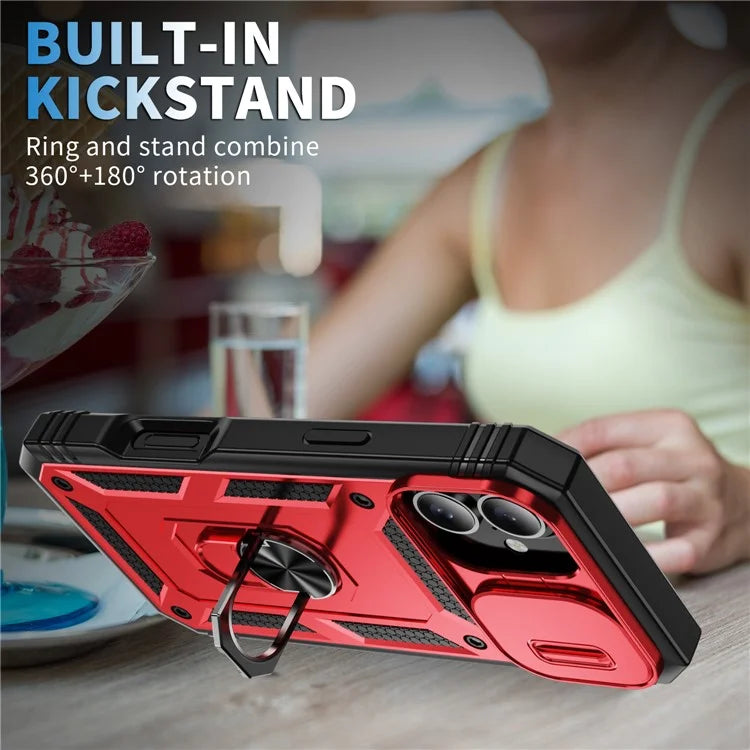 For iPhone 16 Case Sliding Camera Cover Ring Kickstand PC+TPU Phone Shell