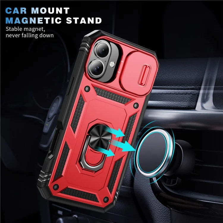 For iPhone 16 Case Sliding Camera Cover Ring Kickstand PC+TPU Phone Shell