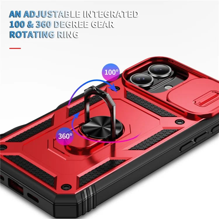 For iPhone 16 Case Sliding Camera Cover Ring Kickstand PC+TPU Phone Shell