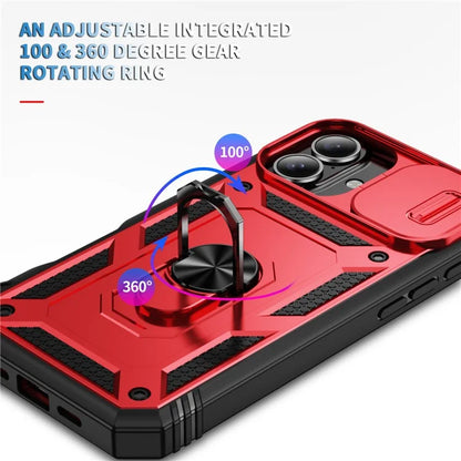 For iPhone 16 Case Sliding Camera Cover Ring Kickstand PC+TPU Phone Shell