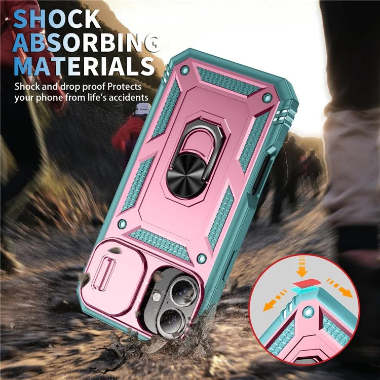 For iPhone 16 Case Sliding Camera Cover Ring Kickstand PC+TPU Phone Shell