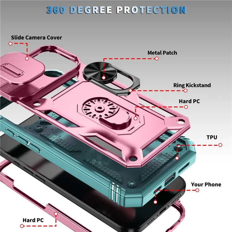 For iPhone 16 Case Sliding Camera Cover Ring Kickstand PC+TPU Phone Shell