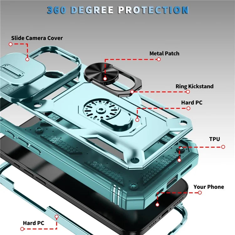For iPhone 16 Case Sliding Camera Cover Ring Kickstand PC+TPU Phone Shell