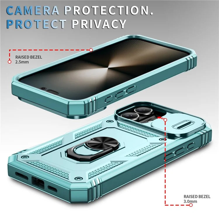 For iPhone 16 Case Sliding Camera Cover Ring Kickstand PC+TPU Phone Shell