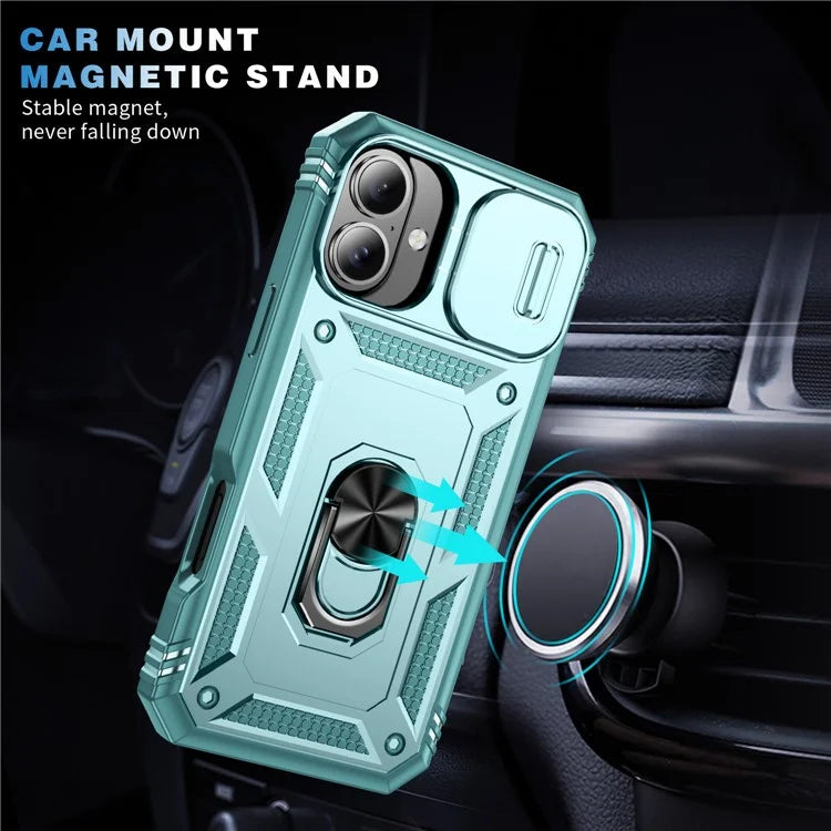 For iPhone 16 Case Sliding Camera Cover Ring Kickstand PC+TPU Phone Shell