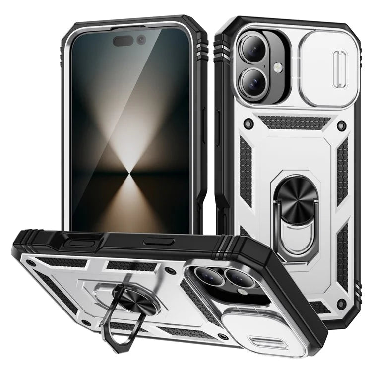 For iPhone 16 Plus Case Sliding Camera Cover Ring Kickstand PC+TPU Phone Shell