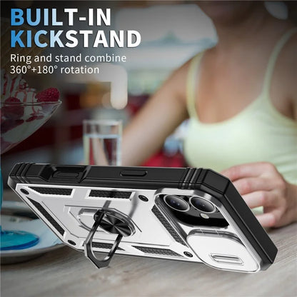 For iPhone 16 Plus Case Sliding Camera Cover Ring Kickstand PC+TPU Phone Shell