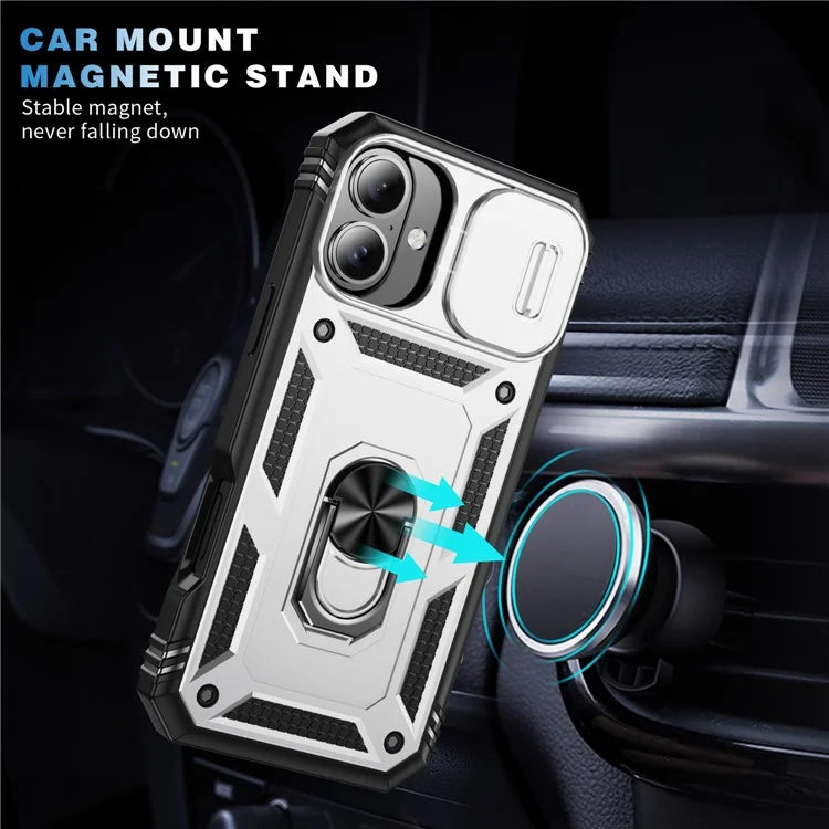 For iPhone 16 Plus Case Sliding Camera Cover Ring Kickstand PC+TPU Phone Shell