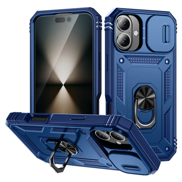 For iPhone 16 Plus Case Sliding Camera Cover Ring Kickstand PC+TPU Phone Shell