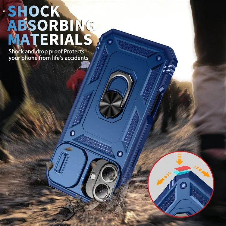 For iPhone 16 Plus Case Sliding Camera Cover Ring Kickstand PC+TPU Phone Shell