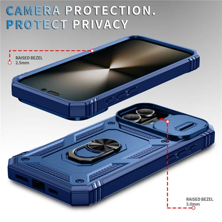 For iPhone 16 Plus Case Sliding Camera Cover Ring Kickstand PC+TPU Phone Shell