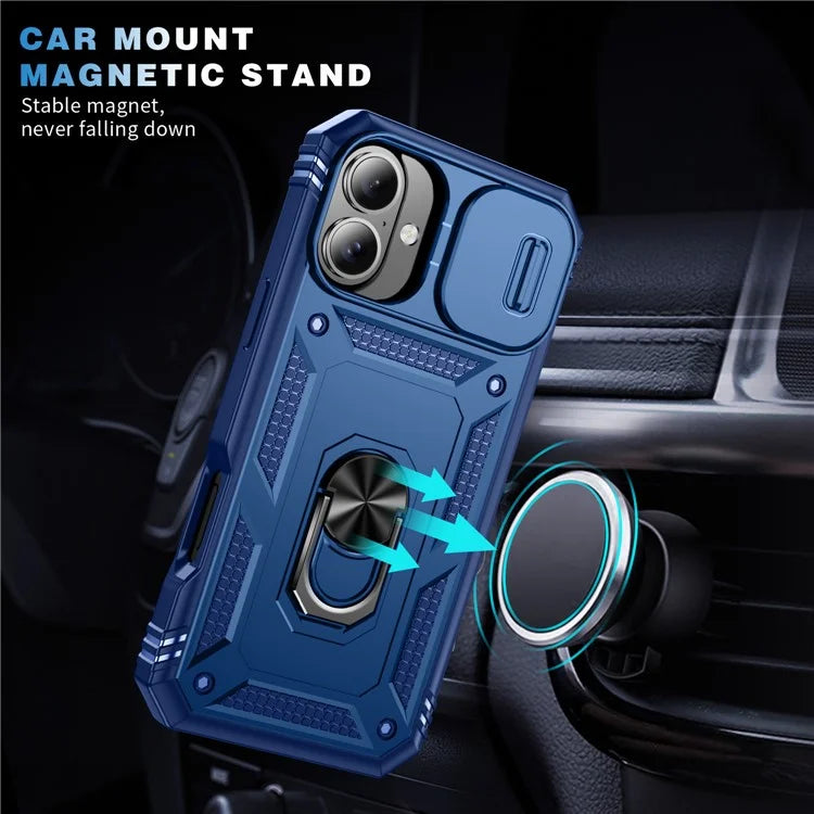 For iPhone 16 Plus Case Sliding Camera Cover Ring Kickstand PC+TPU Phone Shell