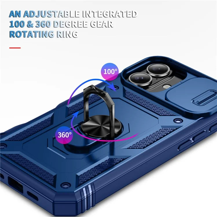 For iPhone 16 Plus Case Sliding Camera Cover Ring Kickstand PC+TPU Phone Shell