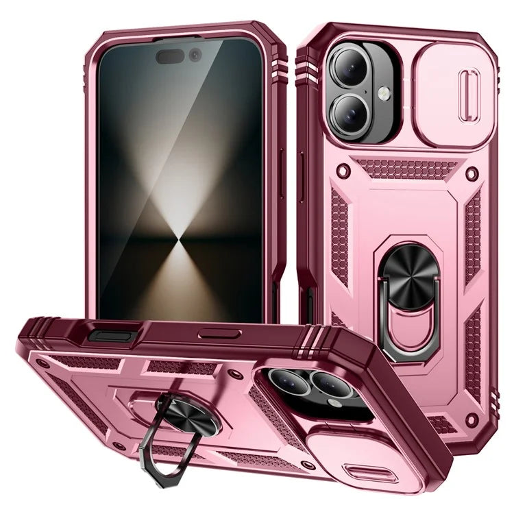 For iPhone 16 Plus Case Sliding Camera Cover Ring Kickstand PC+TPU Phone Shell