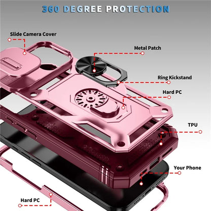 For iPhone 16 Plus Case Sliding Camera Cover Ring Kickstand PC+TPU Phone Shell