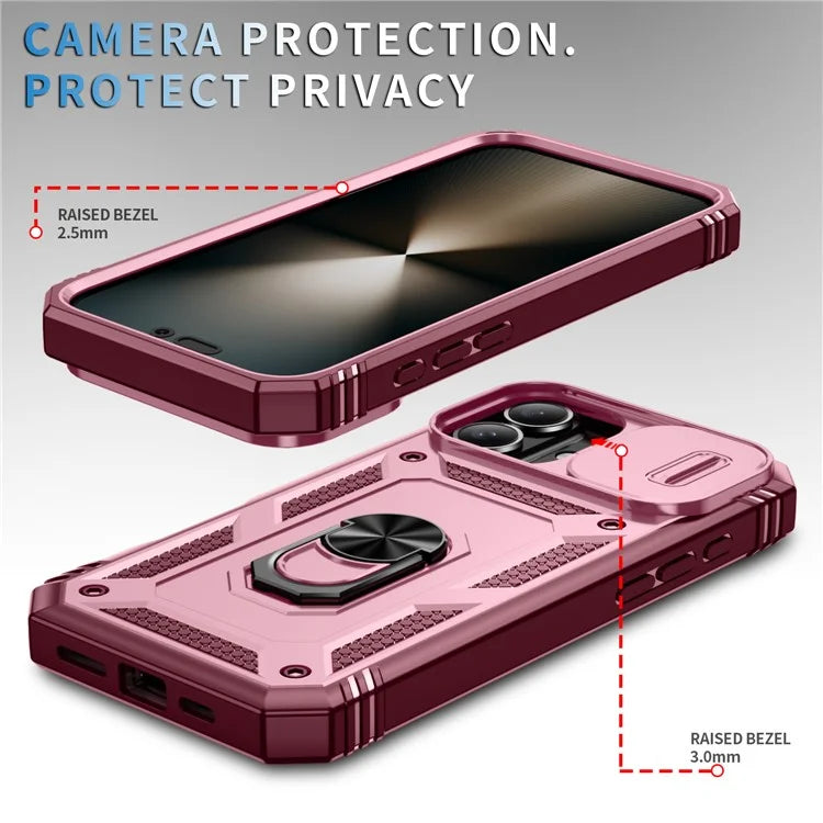 For iPhone 16 Plus Case Sliding Camera Cover Ring Kickstand PC+TPU Phone Shell