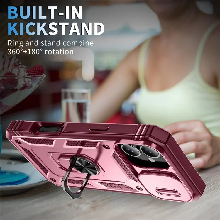 For iPhone 16 Plus Case Sliding Camera Cover Ring Kickstand PC+TPU Phone Shell