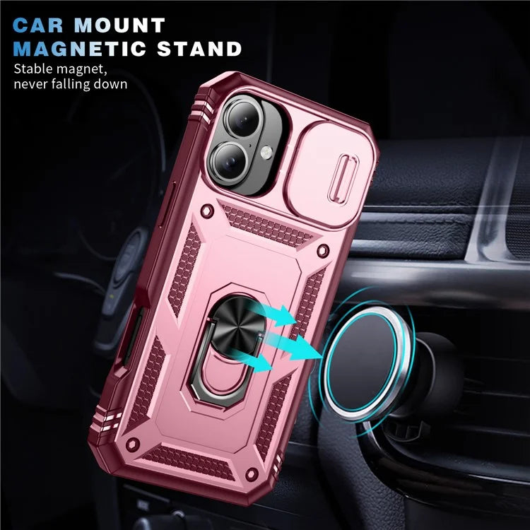 For iPhone 16 Plus Case Sliding Camera Cover Ring Kickstand PC+TPU Phone Shell