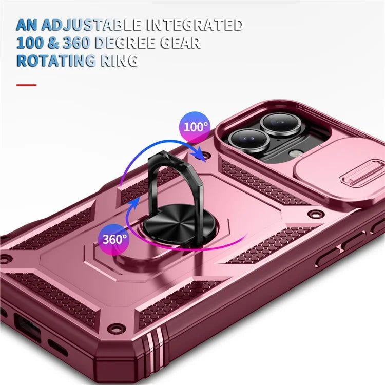 For iPhone 16 Plus Case Sliding Camera Cover Ring Kickstand PC+TPU Phone Shell