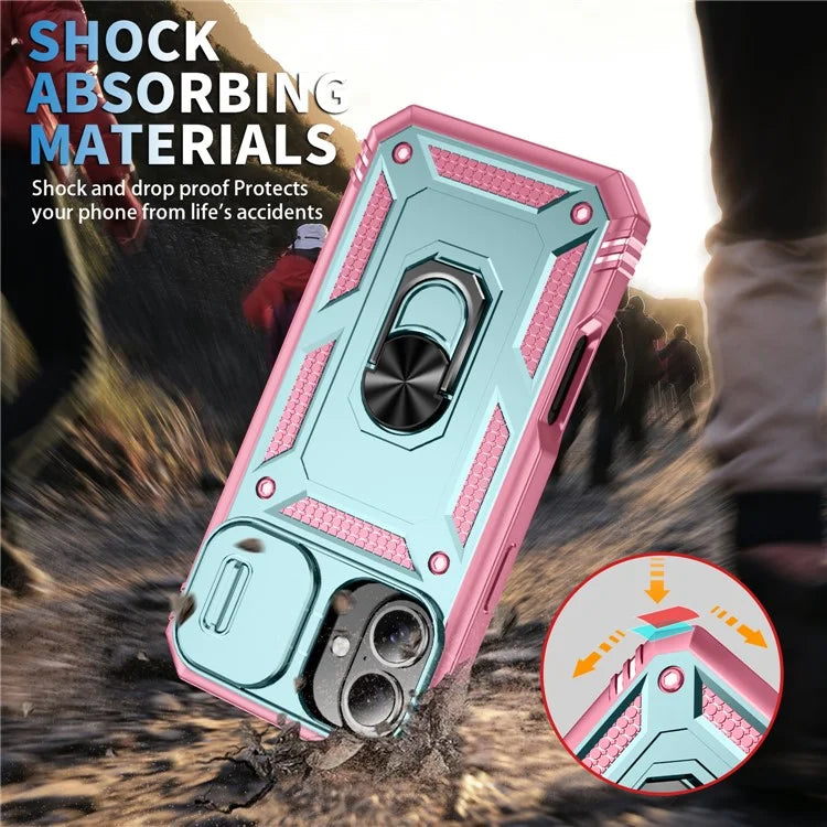 For iPhone 16 Plus Case Sliding Camera Cover Ring Kickstand PC+TPU Phone Shell