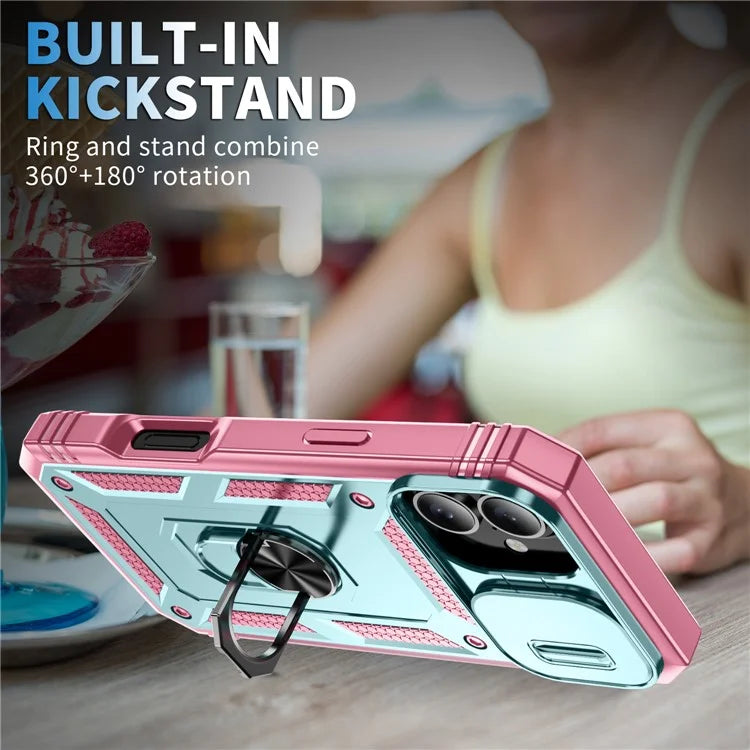 For iPhone 16 Plus Case Sliding Camera Cover Ring Kickstand PC+TPU Phone Shell