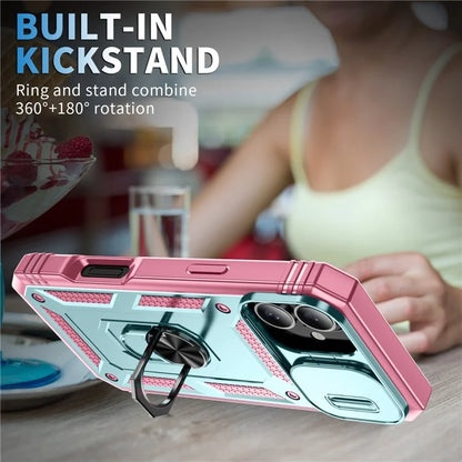 For iPhone 16 Plus Case Sliding Camera Cover Ring Kickstand PC+TPU Phone Shell