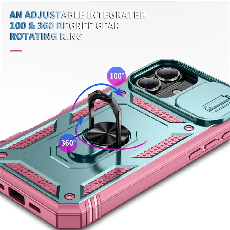 For iPhone 16 Plus Case Sliding Camera Cover Ring Kickstand PC+TPU Phone Shell