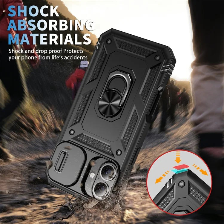 For iPhone 16 Plus Case Sliding Camera Cover Ring Kickstand PC+TPU Phone Shell